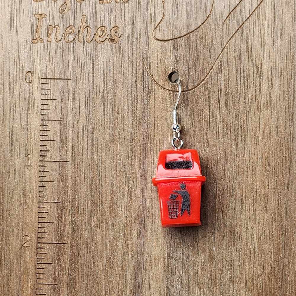 Red Trash Can Dangle Earrings Novelty Miniature Garbage Bin Jewelry 1.75" - Picture 2 of 4